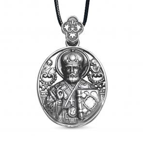 Православная подвеска из черненого серебра на текстильном шнурке Иордань Б-П-163 Николай фото